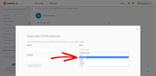 CNAME dropdown menu on Domain.com