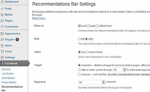 Facebook Recommendation bar settings