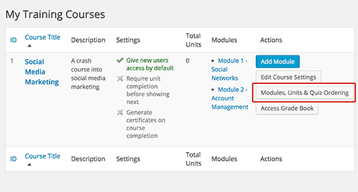 Adding units and quizzes to courses and modules