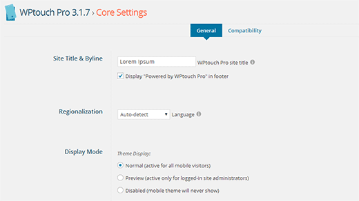 WPTouch Pro Core Settings