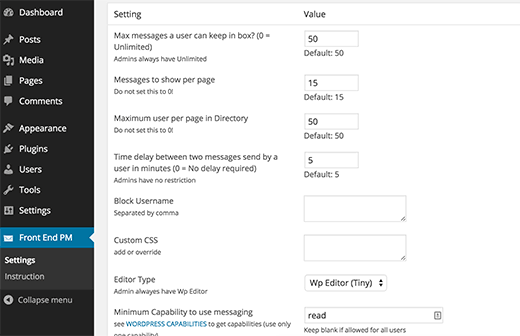 Front End PM settings page