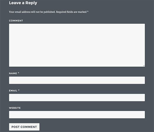 New comment form output displays textarea first and then name, email, and website fields in comment form