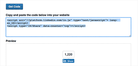 Copy the LinkedIn share button code