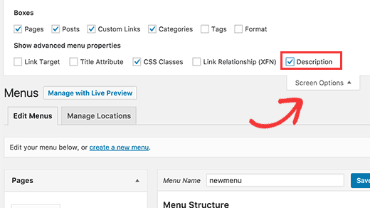 Enabling menu descriptions in WordPress