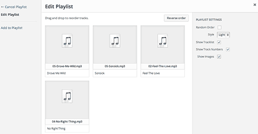 Arranging a playlist in WordPress media uploader