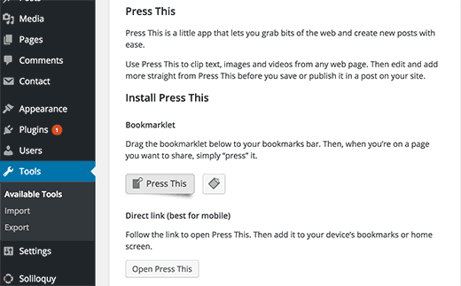 Installing Press This tool for WordPress 