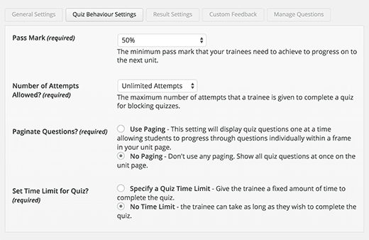 Quiz behavior settings