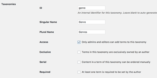 Taxonomy settings