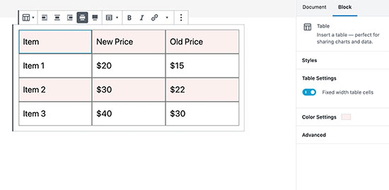 Table block preview