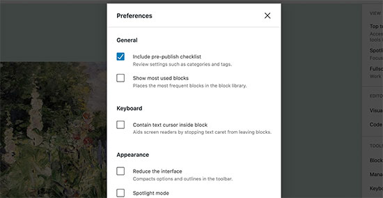 Editor preferences menu