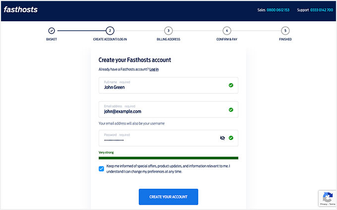 Fasthosts create new account