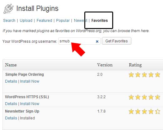 Favorites Plugin in WP Admin