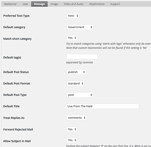 Postie message settings