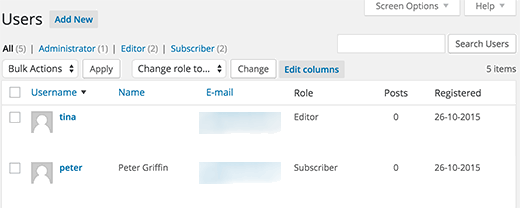 Users table with registration date column