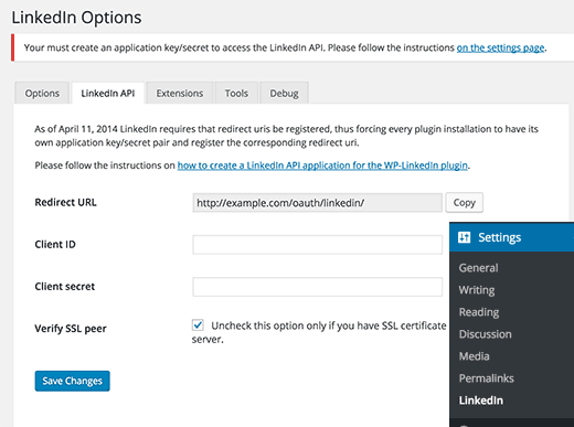 WP LinkedIn settings page