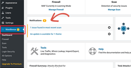 Dashboard notifications in Wordfence