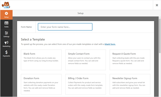 Choose a template in WPForms