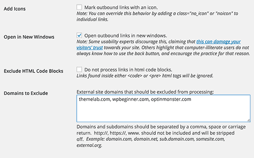 Advanced options for external links in WordPress