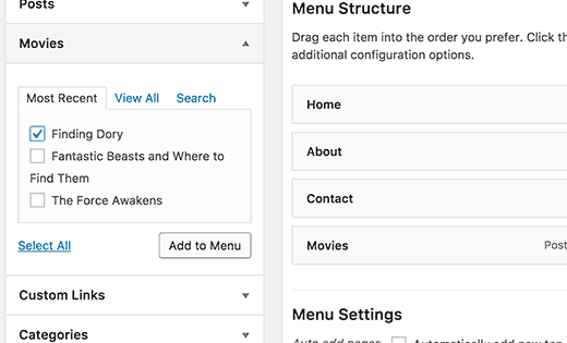 Adding single items from a post type to navigation menus