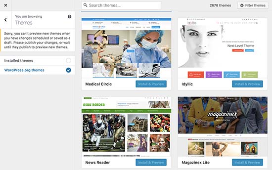 Install and preview WordPress.org themes directly from customizer