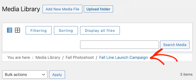 Navigating the WordPress media library using breadcrumbs