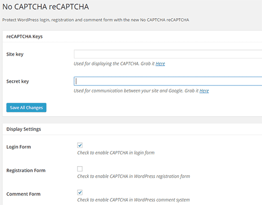 NoCAPTCHA reCAPTCHA plugin settings