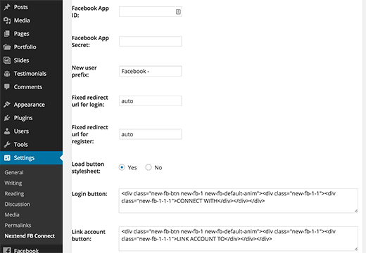 Nextend Facebook Connect plugin settings