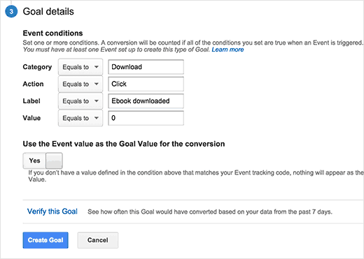 Entering event conditions for custom goal in Google Analytics