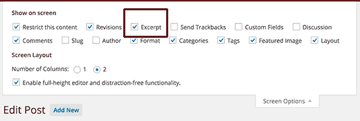 Enabling excerpt meta box on post edit screen in WordPress