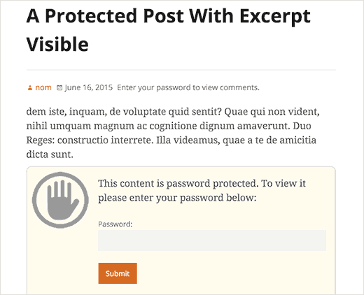 Showing excerpt for a password protected post in WordPress