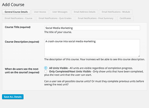 Adding a new course in WP Courseware LMS