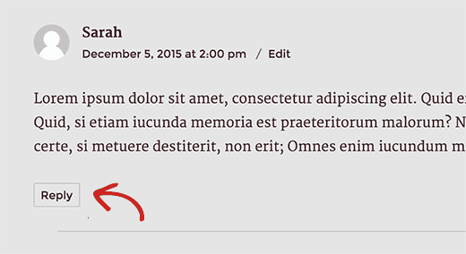 Comment reply button below a comment in a WordPress post