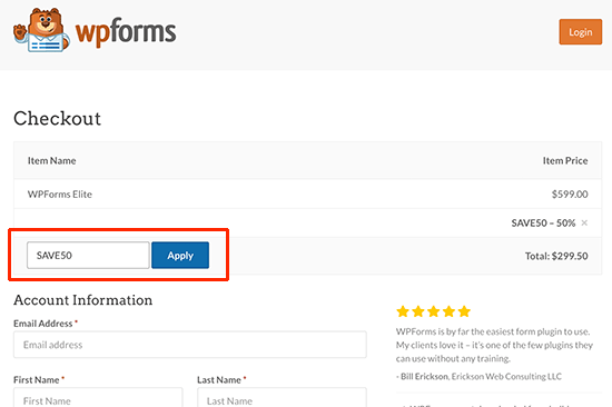 Apply WPForms coupon