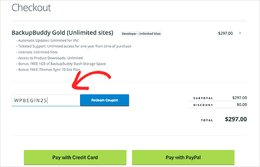 Enter your BackupBuddy coupon code