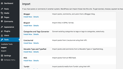 Import screen in WordPress 4.6