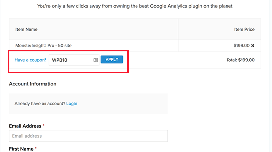 Apply MonsterInsights coupon code