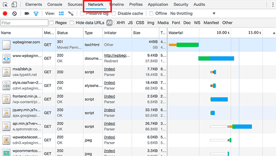 See page load time and files loaded with inspect tool