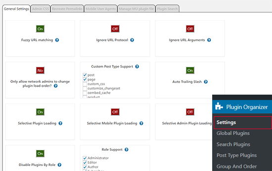 Plugin organizer settings