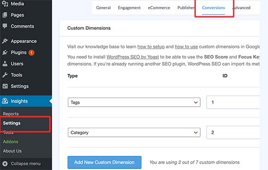 Add dimensions in MonsterInsights