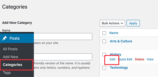 Editing a category in WordPress