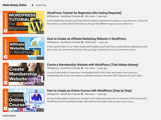 WPBeginner Playlists on YouTube