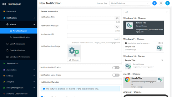 Creating a new notification in the PushEngage dashboard