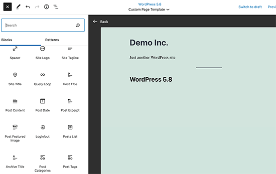 Several site wide editor blocks are introduced in WordPress 5.8