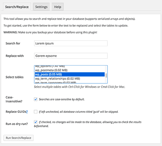 Better search replace plugin settings