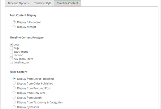 Timeline content settings