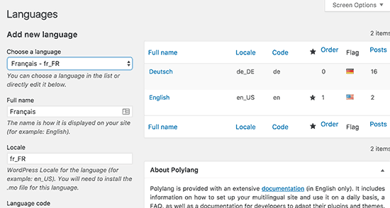 Adding languages in Polylang