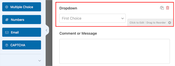 The dropdown field moved above Comment or Message