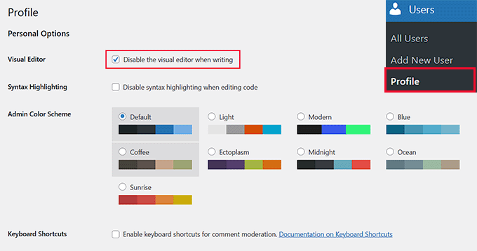 Check the Disable the visual editor when writing option