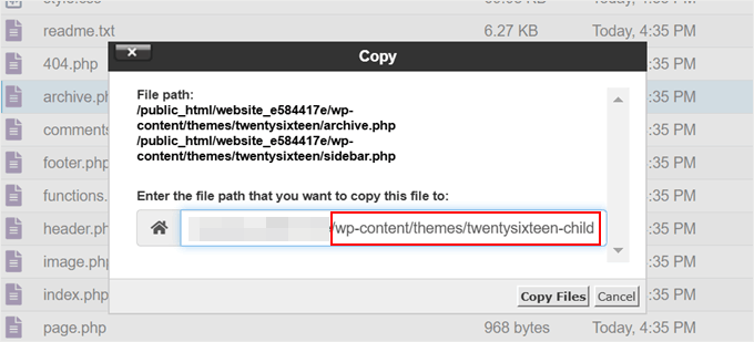 Copying files to a child theme folder in Bluehost file manager