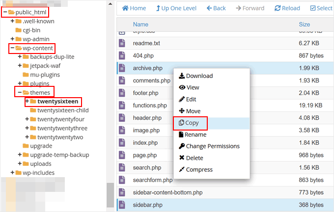 Duplicating the archive.php and sidebar.php templates to child theme using Bluehost file manager